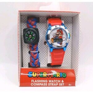 Super Mario Flashing Watch with Matching Woven Compass Set - 2 Piece Kids Gift